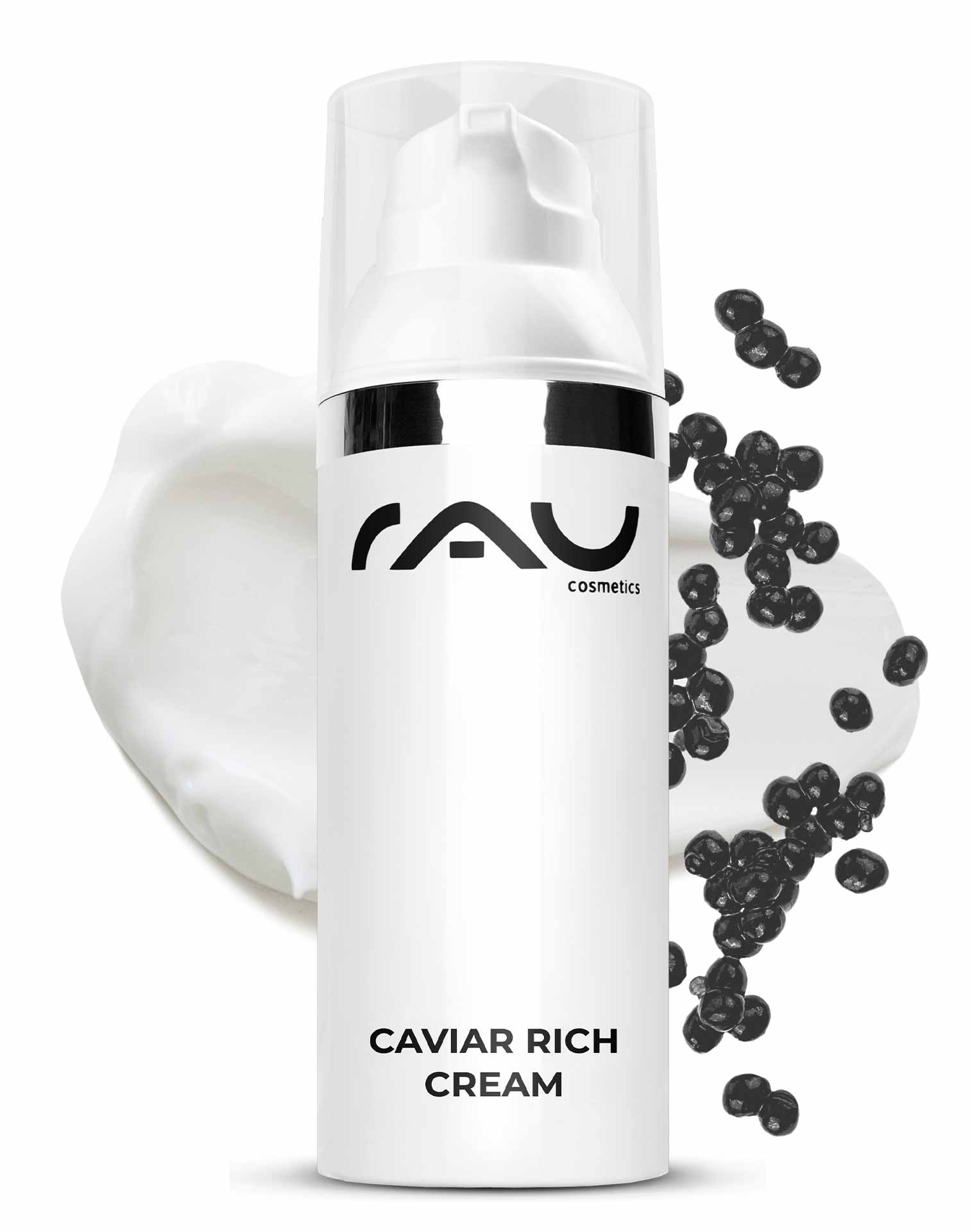 캐비어 리치 크림 50ml 리치 안티에이징 크림 Verpackung der RAU Cosmetics Caviar Rich Cream mit Kaviarperlen und Cremetextur, die Anti-Aging-Eigenschaften für trockene und reife Haut hervorhebt.