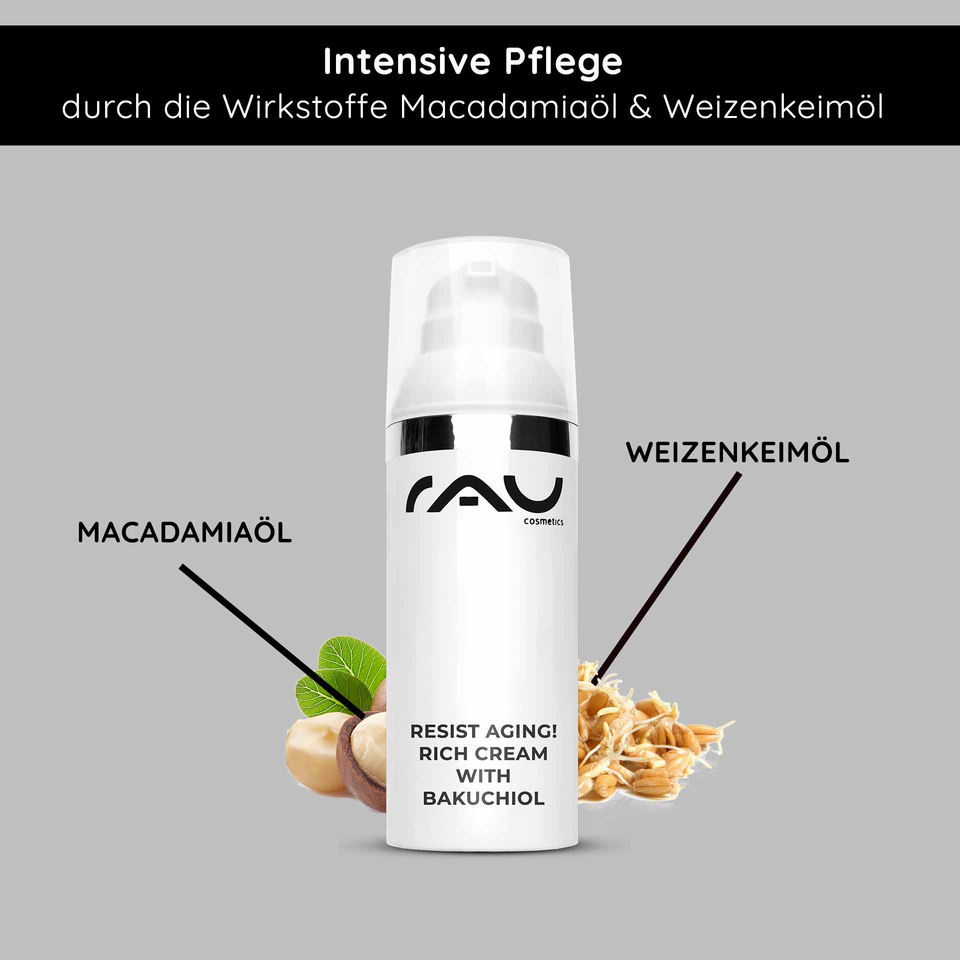 Resist aging! Rich Cream with Bakuchiol 50 ml Nachtcreme RAU Cosmetics Resist Aging Rich Cream mit Bakuchiol, mit Macadamiaöl und Weizenkeimöl, legt Wert auf intensive Hautpflege für reife Haut.