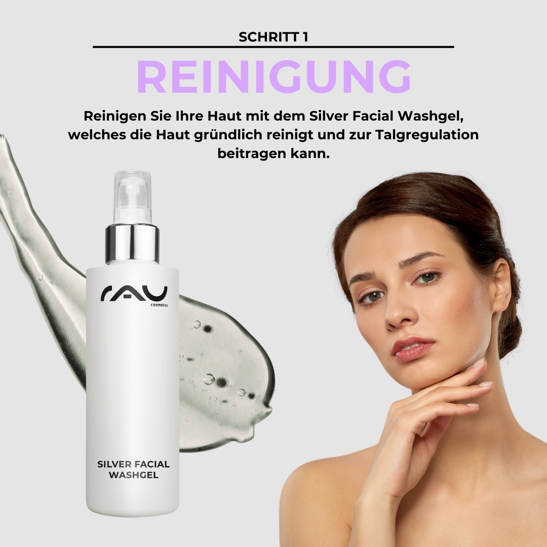 Advanced Pflegeroutine für Mischhaut Frauenporträt mit sanfter Haut und glänzendem Teint, präsentiert das RAU Silver Facial Washgel für die Reinigung, um die Haut zu klären und die Talgregulation zu unterstützen.