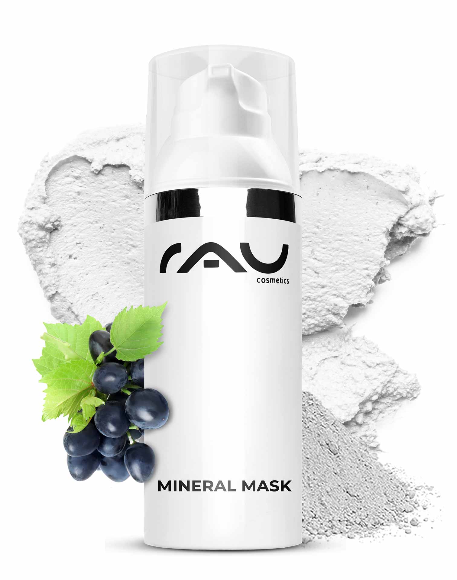Mineral Mask 50 ml Mattierende Gesichtsmaske Mineral Mask von RAU Cosmetics in einer eleganten Verpackung mit Pflanzenmotiven, umgeben von Rügener Heilkreide, ideal für unreine und empfindliche Haut, unterstützt die Hautregeneration und mattiert.