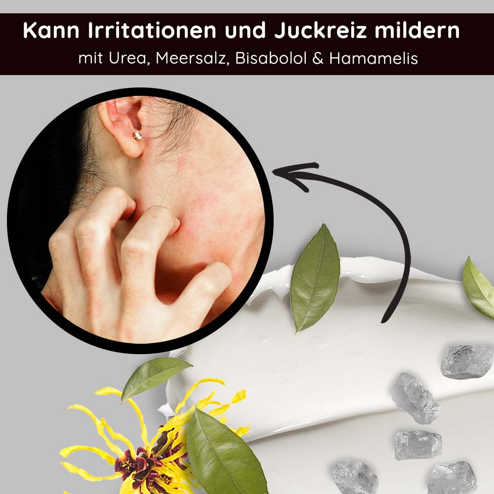 Sea Salt Calming Cream 50 ml Gesichtscreme mit Meersalz bei unreiner Haut Mensch mit gereizter Haut, die Juckreiz verspürt, umgeben von Meersalz, Bisabolol und Hamamelis, visualisiert die beruhigenden Eigenschaften der Sea Salt Calming Cream von RAU Cosmetics.