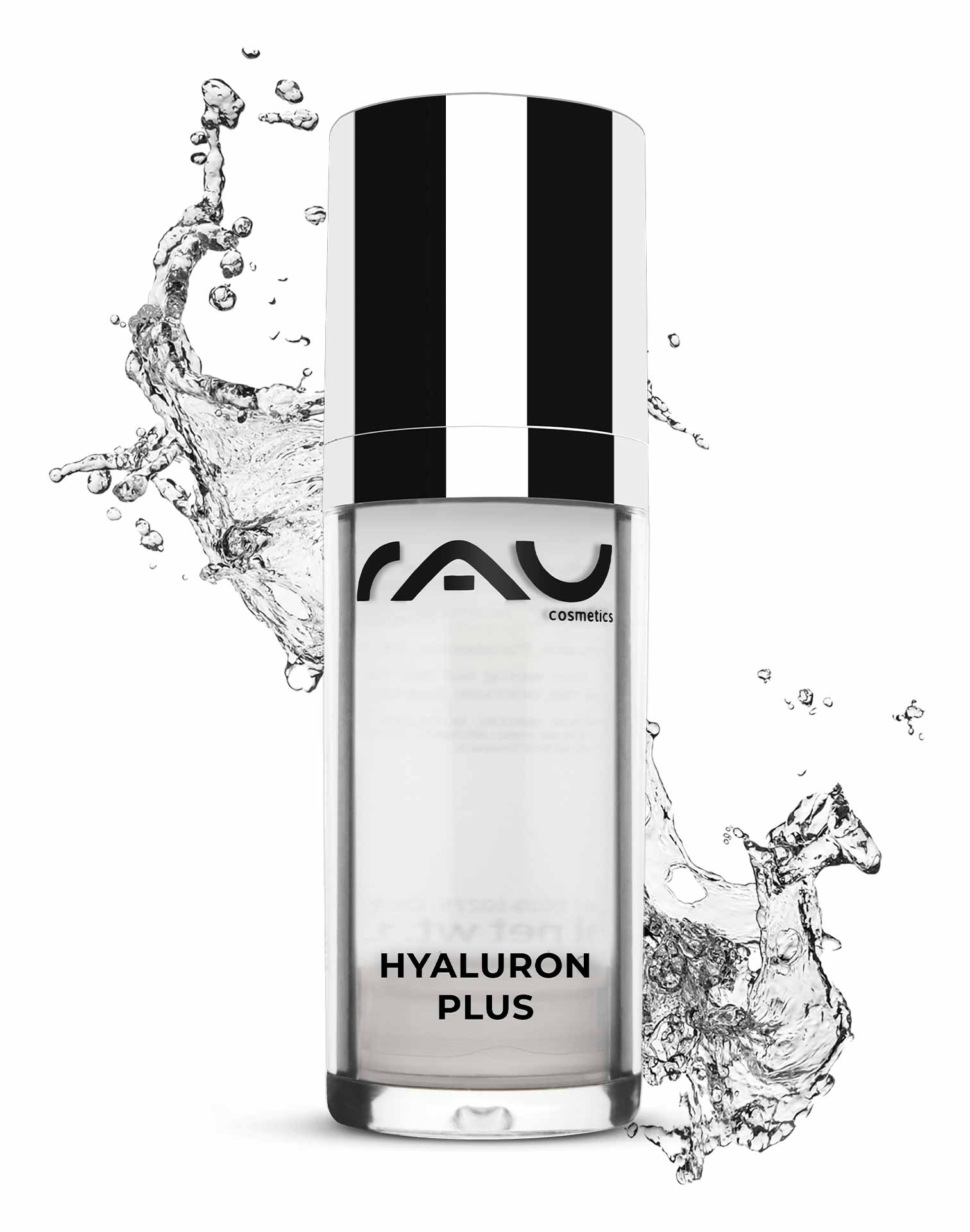 Hyaluron Plus 30 ml Sofortlifting Gel RAU Cosmetics Hyaluron Plus Serumflasche mit Splash-Effekt, die Anti-Aging-Eigenschaften und Eignung für trockene, reife Haut hervorhebt.