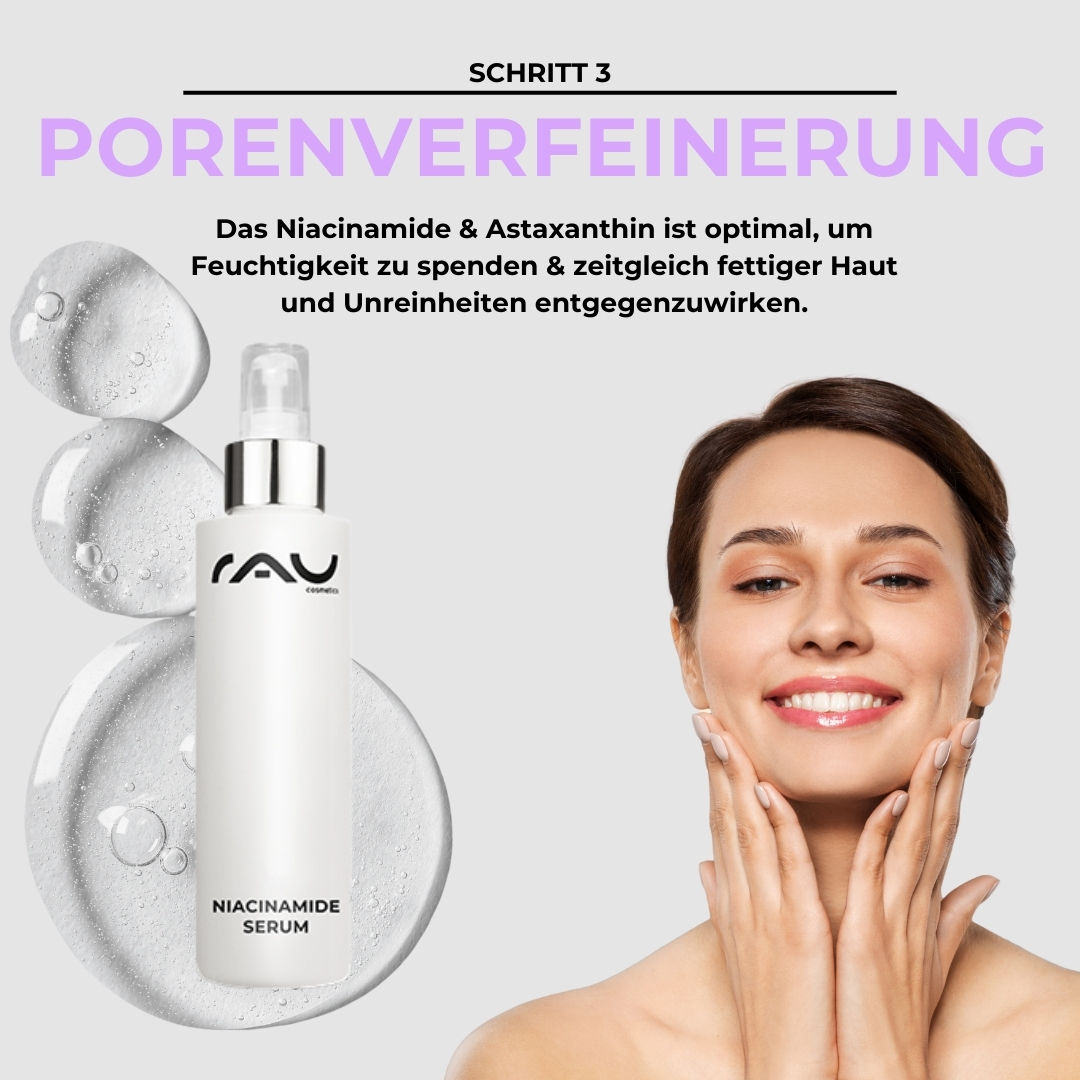 Advanced Pflegeroutine für Mischhaut Niacinamid-Serum von RAU Cosmetics mit Wassertropfen, Frau trägt Serum auf ihr Gesicht auf, betont die Porenverfeinerung für Mischhaut.