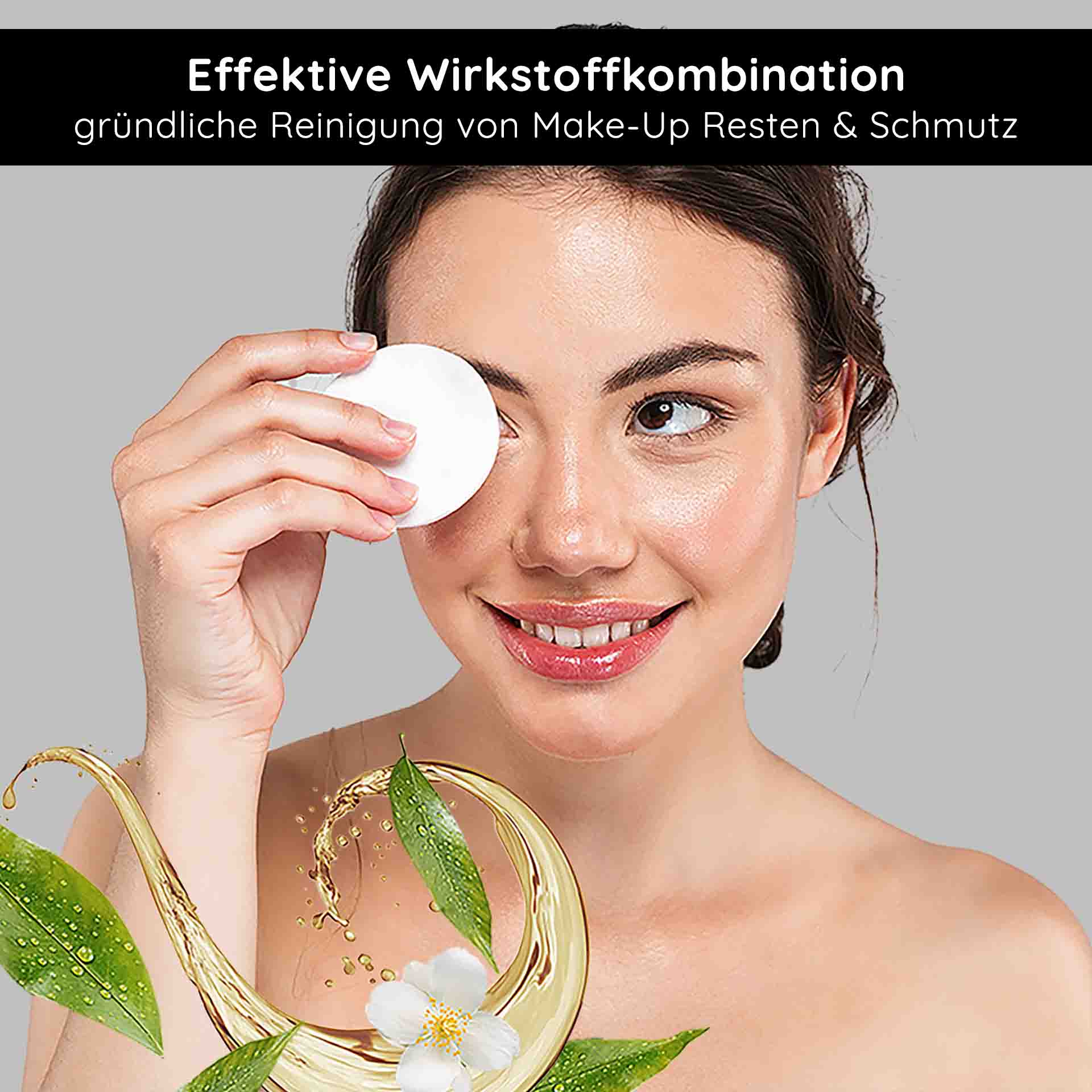 아하 토닉 200ml - 노화 방지 효과가 있는 토너 Frau mit Make-Up-Entferner-Pad reinigt sanft ihr Gesicht, um Make-Up-Reste und Schmutz zu entfernen, umgeben von natürlichen Extrakten und Wasser, symbolisiert sanfte Hautpflege und effektive Wirkstoffkombination.